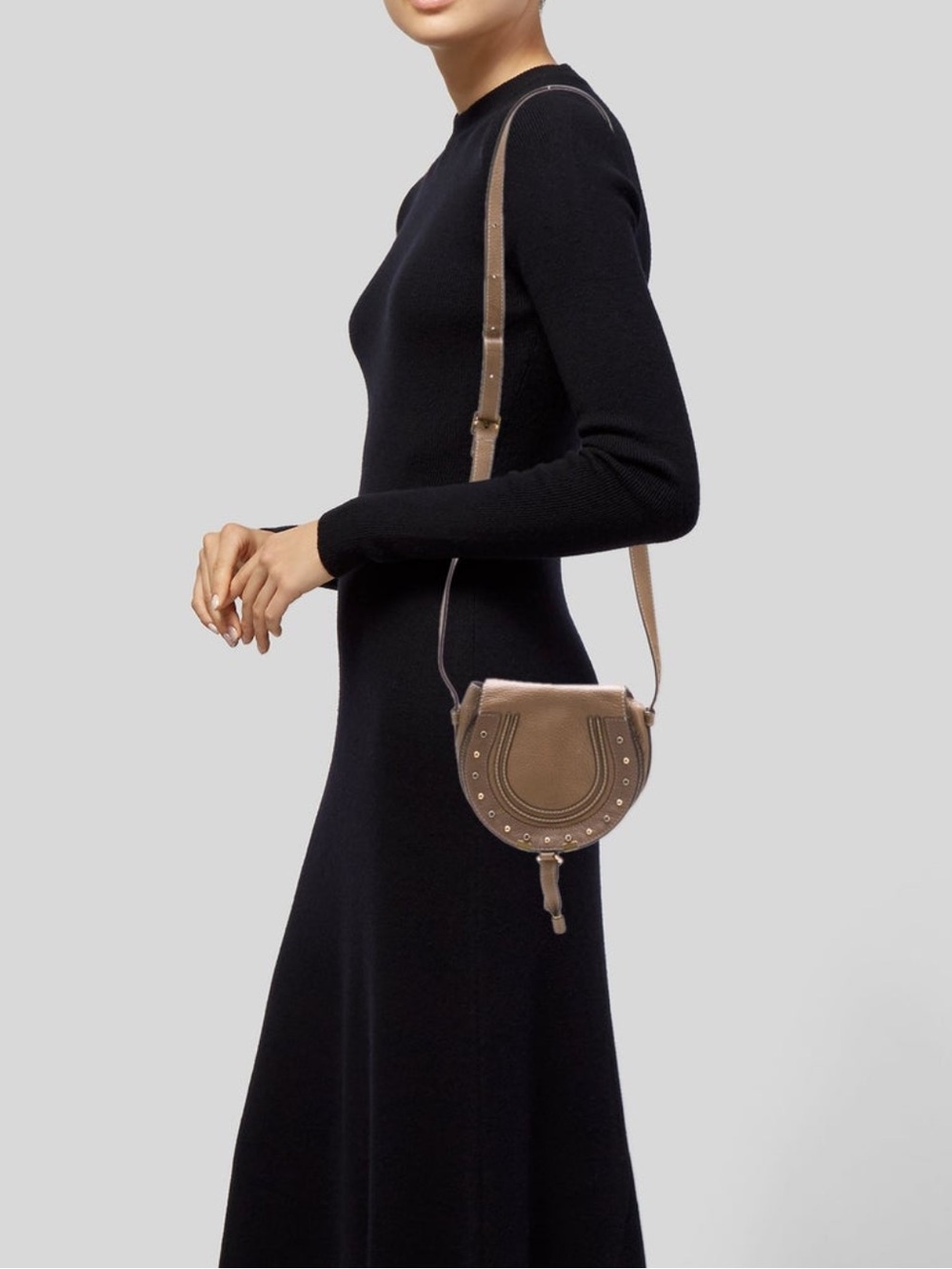 Chloe Tan Leather Saddle Crossbody with Gold Studs - Picture 2 of 6
